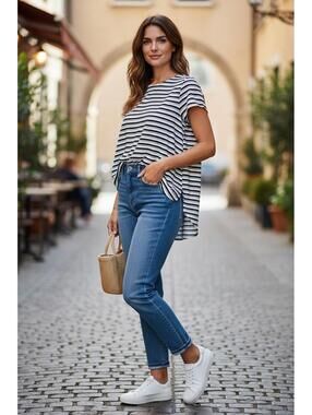 LOFT Black and White Striped Short Sleeve Blouse SZ Med